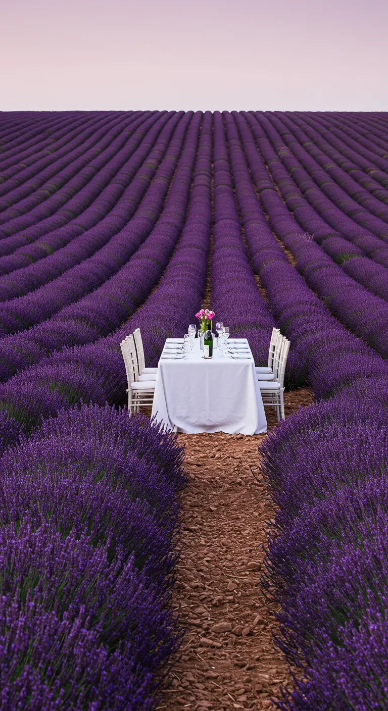 Table blanche dressée pour un dîner au milieu d'un immense champ de lavande en fleurs.