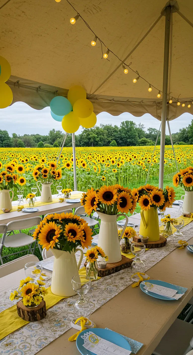 Table décorée de tournesols avec un champ de tournesols en arrière-plan.
