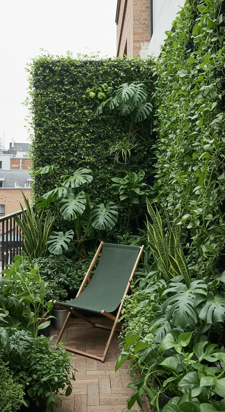 Chaise longue vert foncé au milieu d'un balcon luxuriant avec mur végétal.