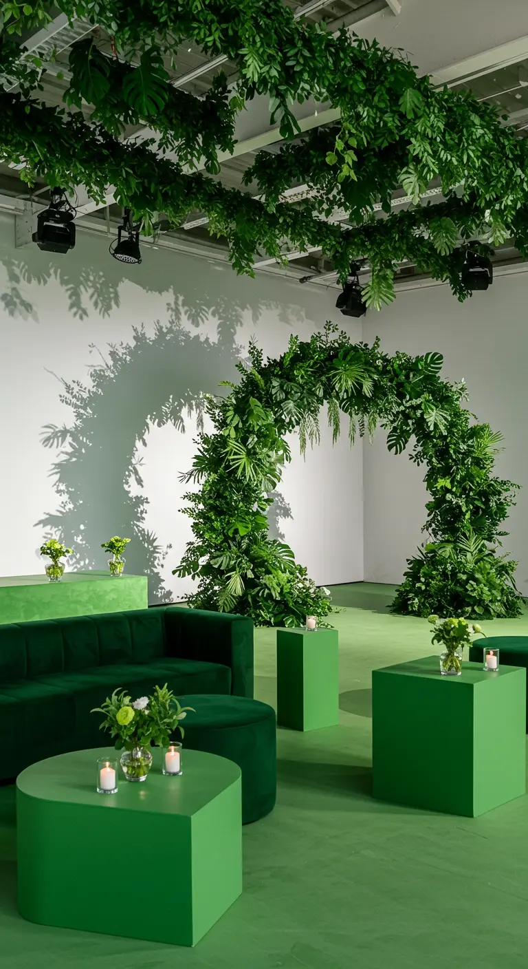 Salle avec plafond et arche recouverts de feuillage, et mobilier vert.