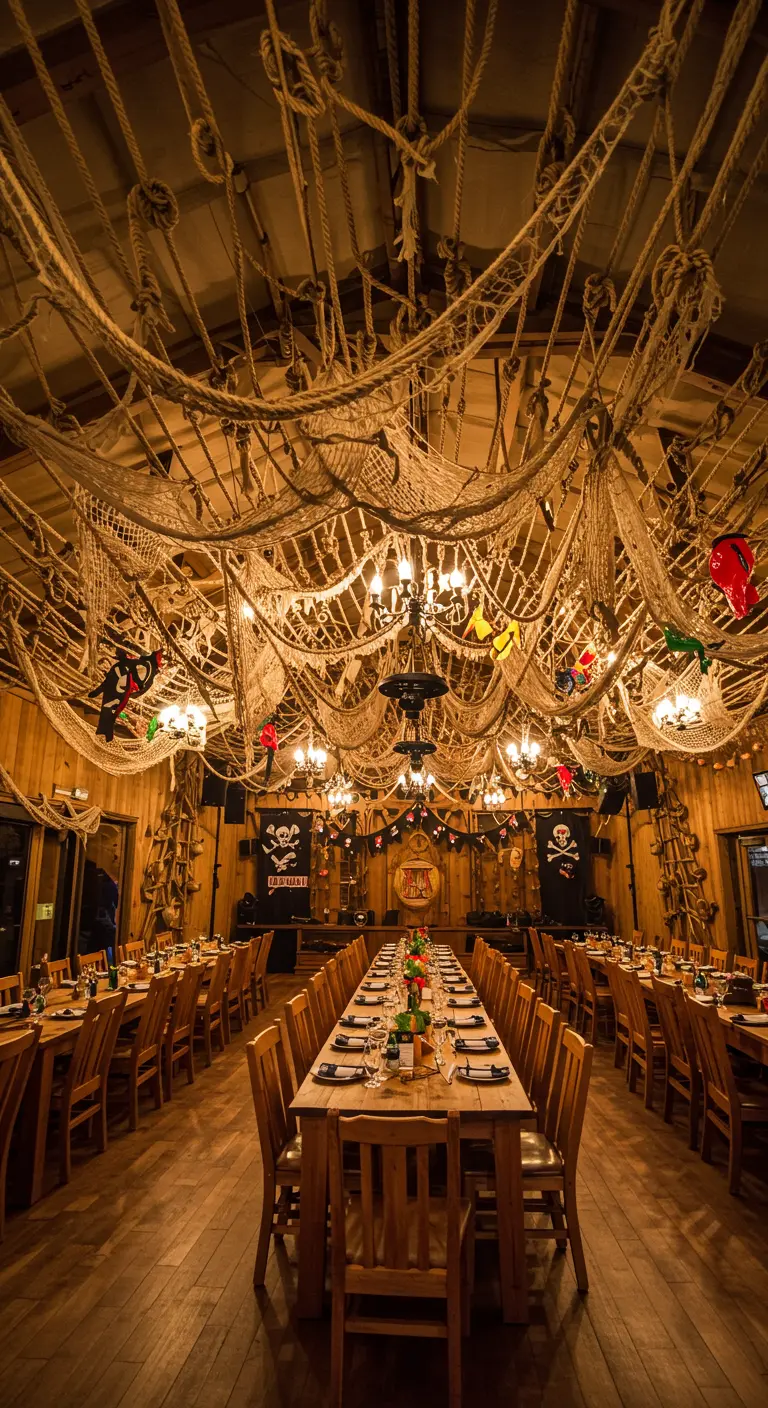 Grande salle de banquet décorée de filets de pêche et de cordes au plafond