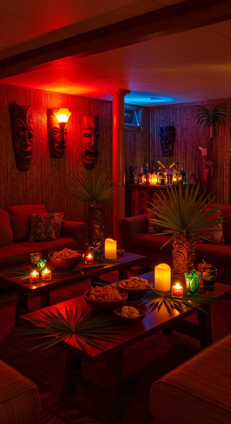 Bar tiki sombre avec murs en bambou, masques et éclairage rouge