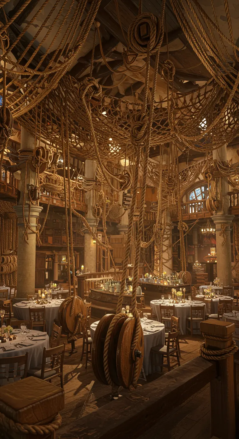 Salle de restaurant entièrement décorée de cordes, de filets et de poulies de navire.