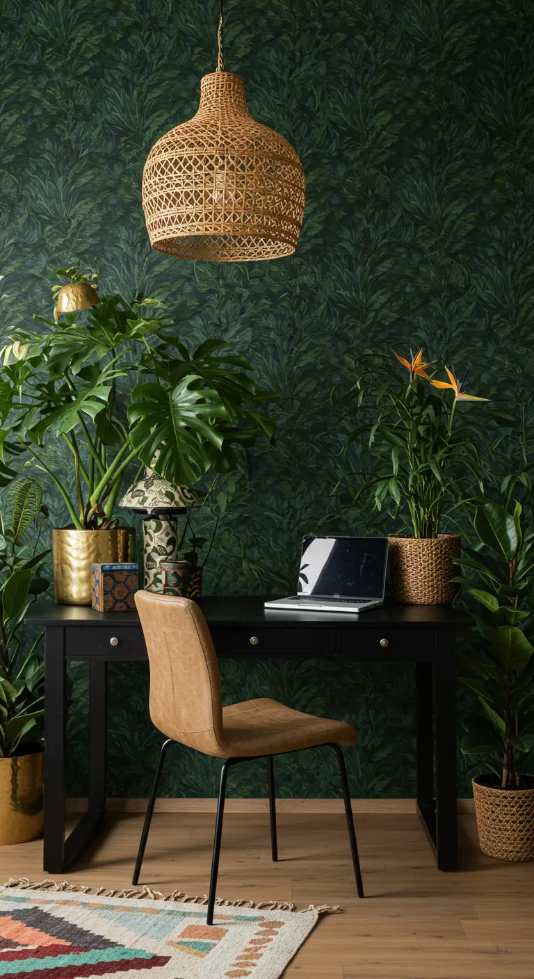 Bureau noir devant un mur au papier peint jungle, avec une suspension en rotin et des plantes.