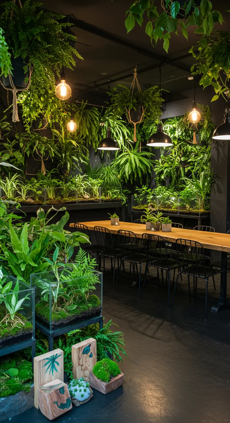 Salle à manger luxuriante avec des plantes tropicales et des terrariums en verre créant une ambiance jungle urbaine.