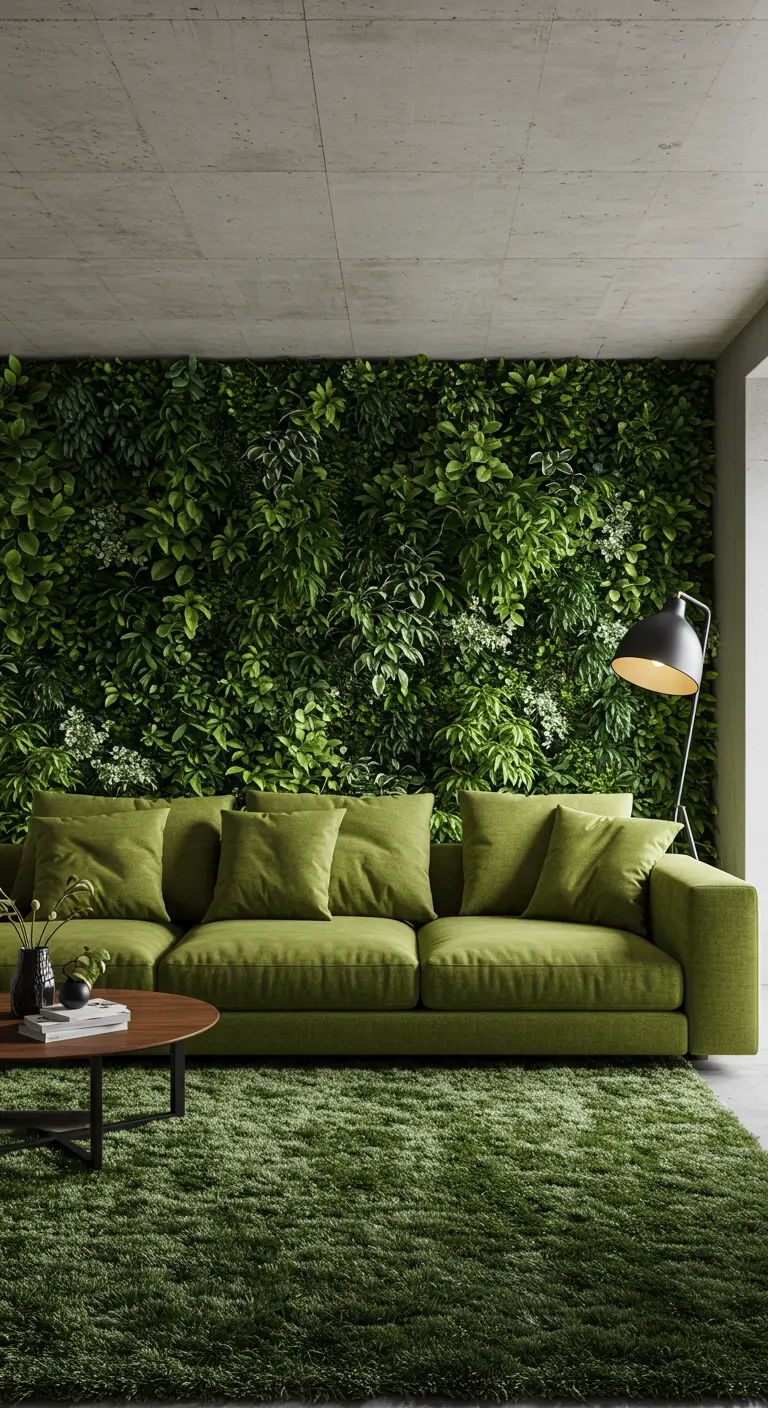 Canapé vert devant un mur végétal luxuriant, sur un tapis shaggy vert foncé.
