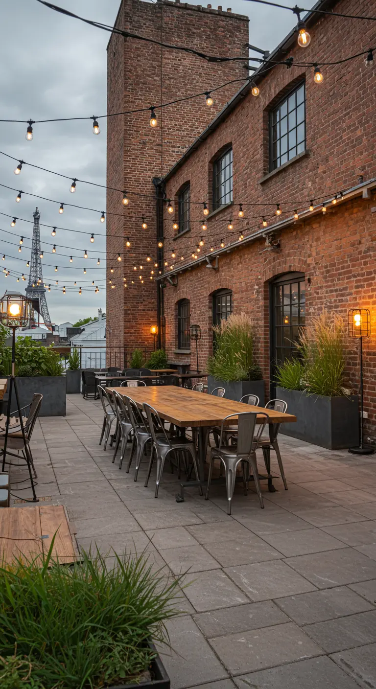 Terrasse industrielle chic avec guirlandes lumineuses, grandes plantes en bacs, vue sur la Tour Eiffel.