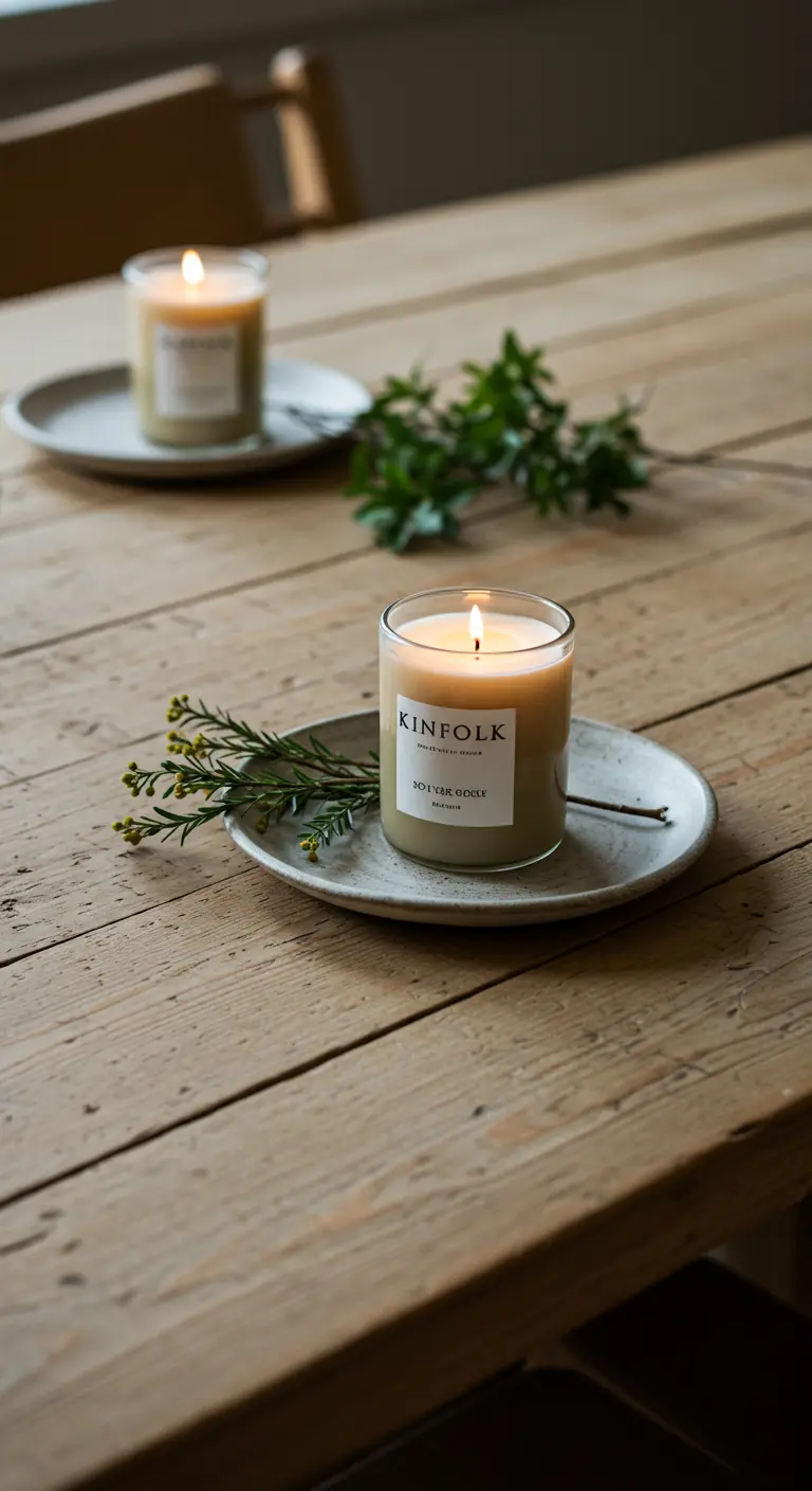Bougie parfumée sur une assiette en grès avec quelques brins de verdure.