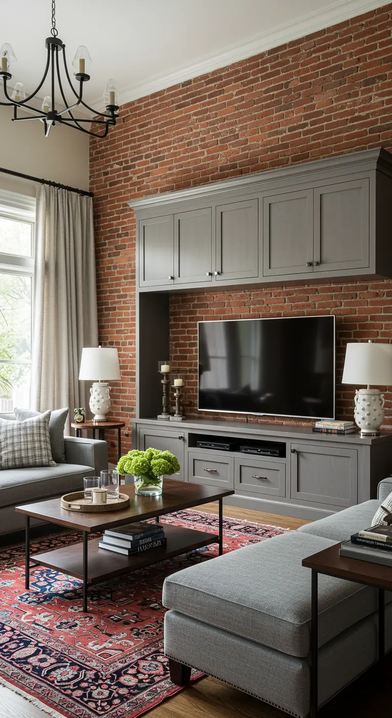 Salon classique avec mur de briques rouges et un grand meuble TV intégré gris.