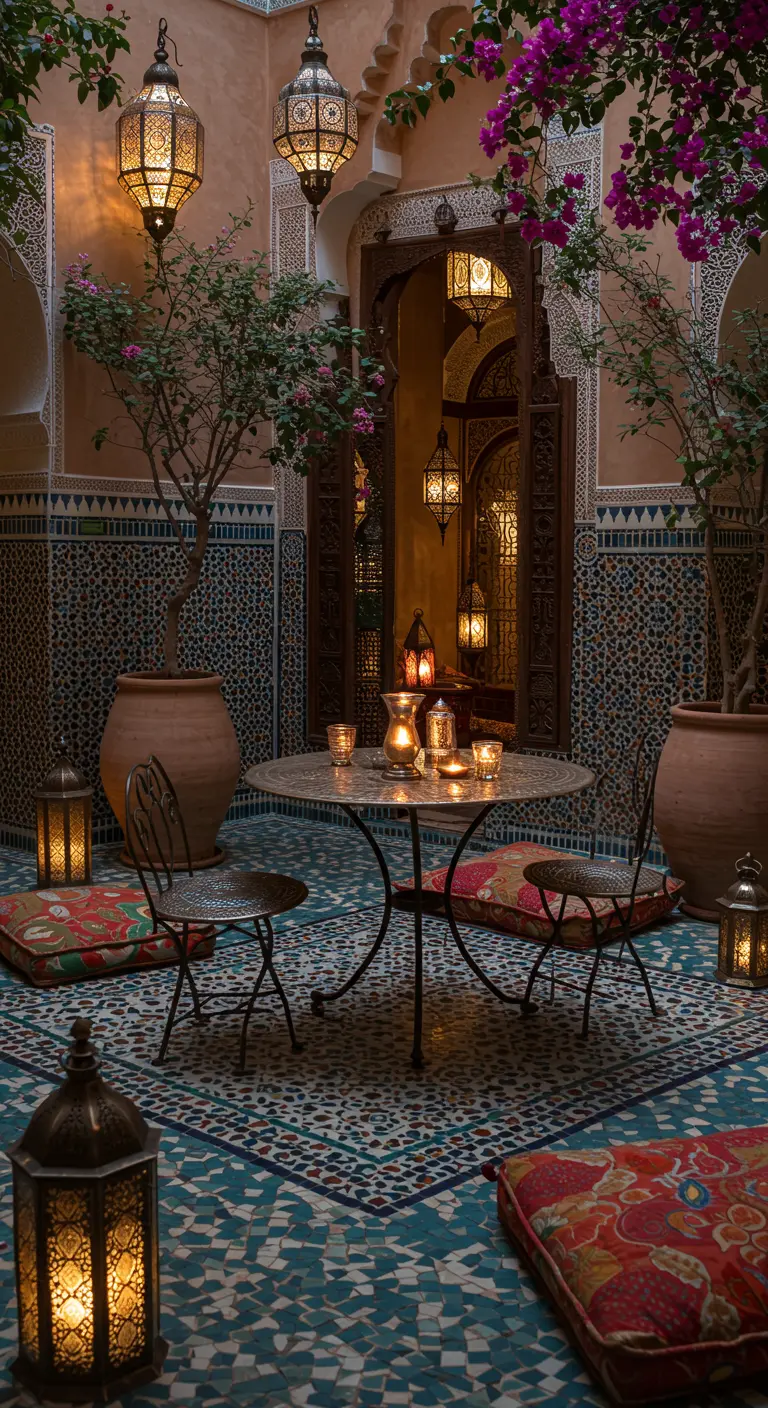 Bistro set en métal ciselé dans un patio marocain, avec lanternes, coussins de sol et bougainvilliers.