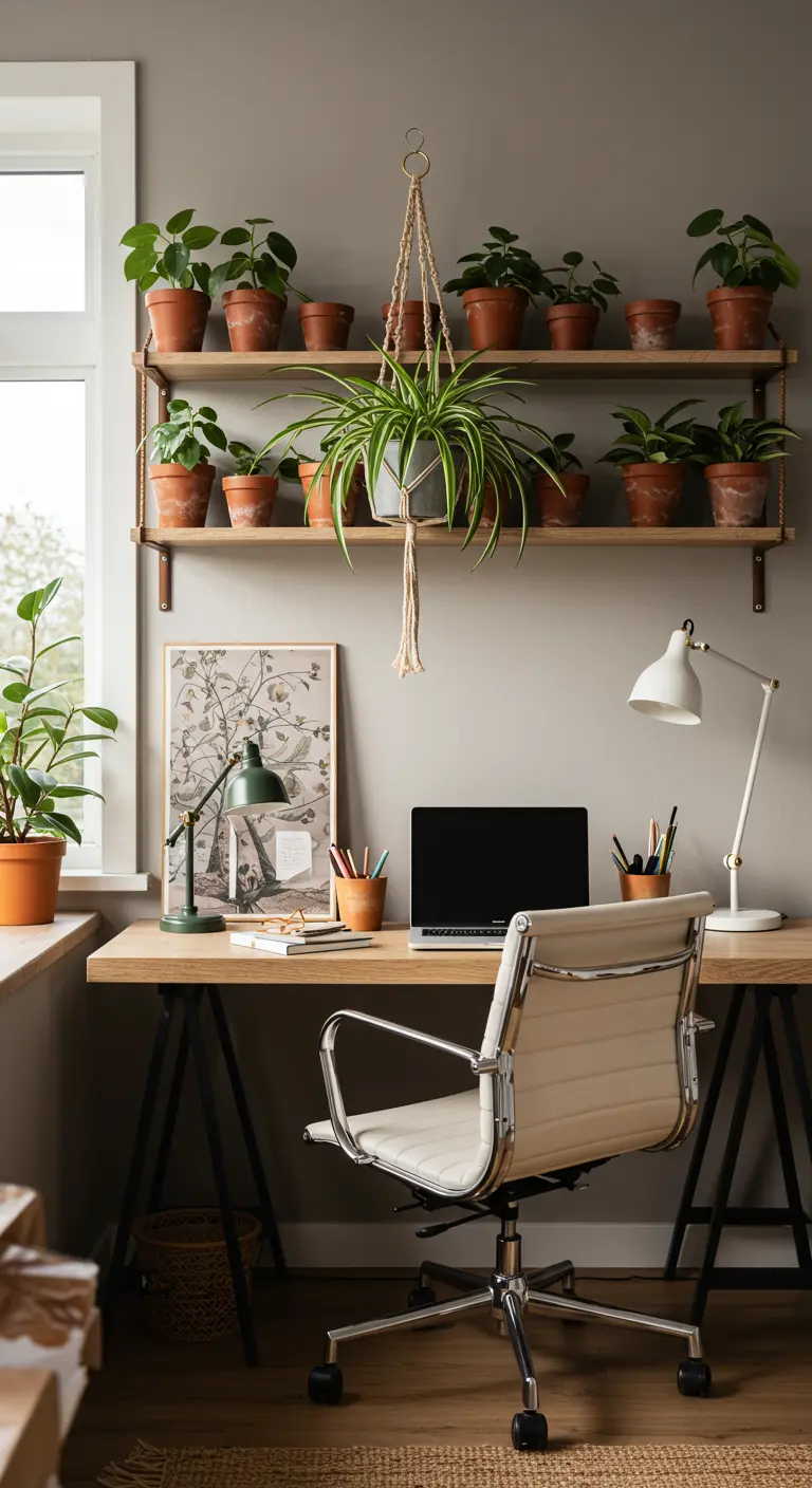 Bureau à domicile avec des étagères remplies de plantes en pots de terre cuite.