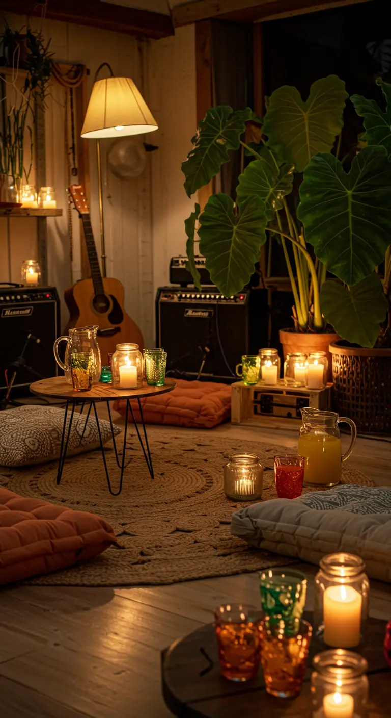 Coin cosy avec coussins au sol, guitare, plantes et nombreuses bougies