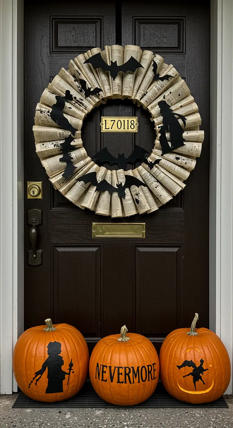Couronne faite de pages de livre et citrouilles décorées sur le thème d'Edgar Allan Poe.