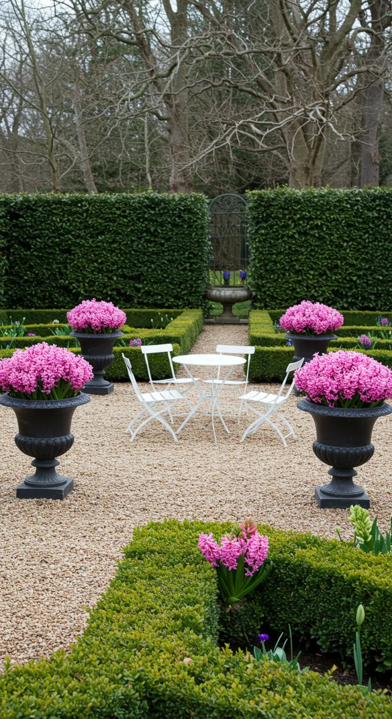 Jardin formel avec quatre urnes noires remplies de jacinthes roses disposées autour d'un salon de jardin blanc.