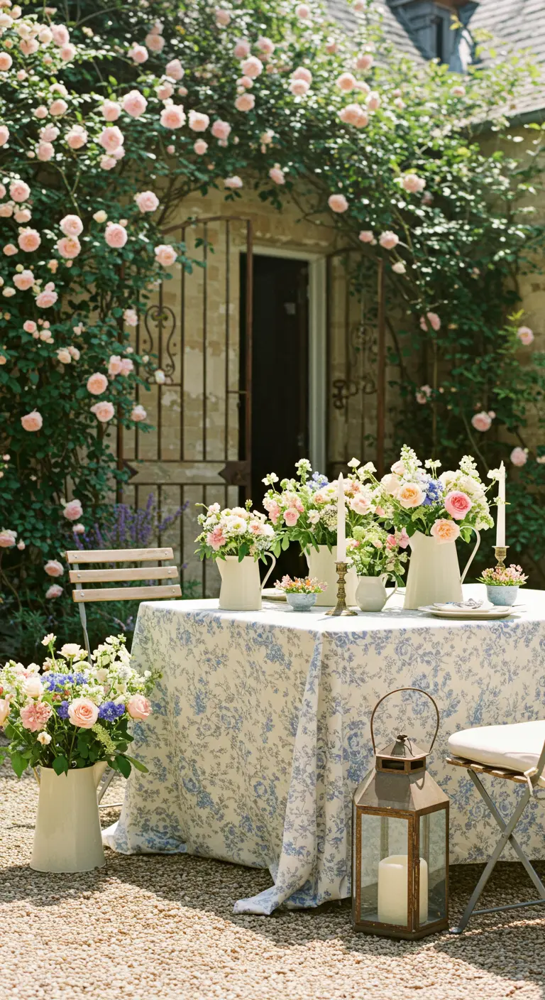 Table en pierre dans un jardin anglais avec nappe bleue fleurie, pichets de roses et lanterne.