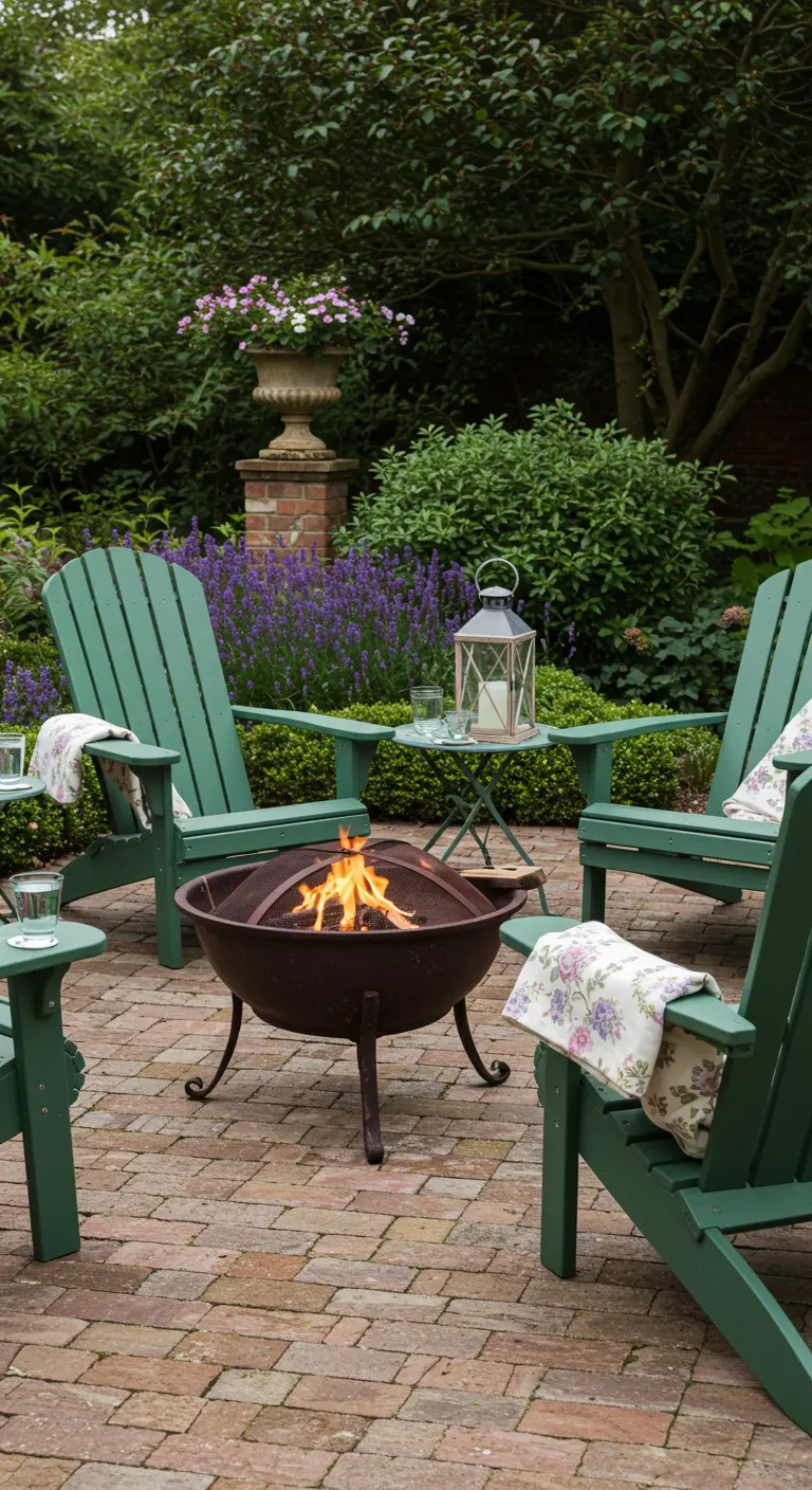 Jardin classique avec fauteuils Adirondack verts, brasero en fonte, patio en briques et lavande