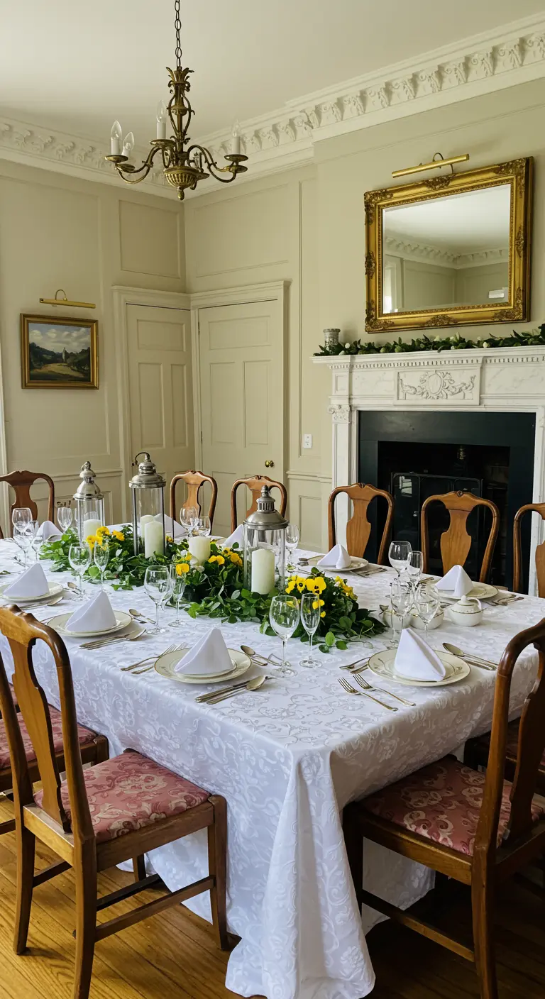 Longue table élégante avec nappe blanche, guirlande verte, fleurs jaunes et lanternes argentées.
