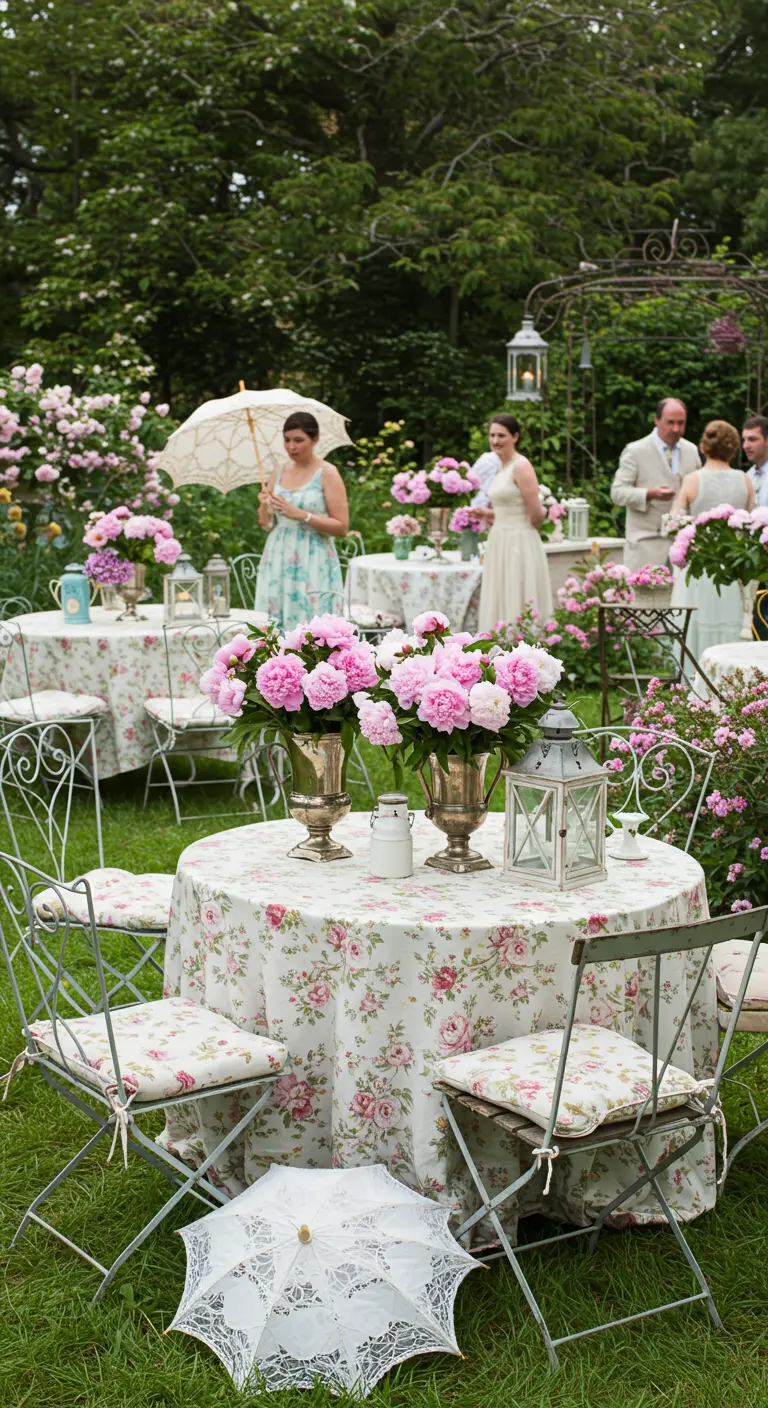 Fête dans un jardin anglais avec tables rondes fleuries, pivoines roses et parasols en dentelle.