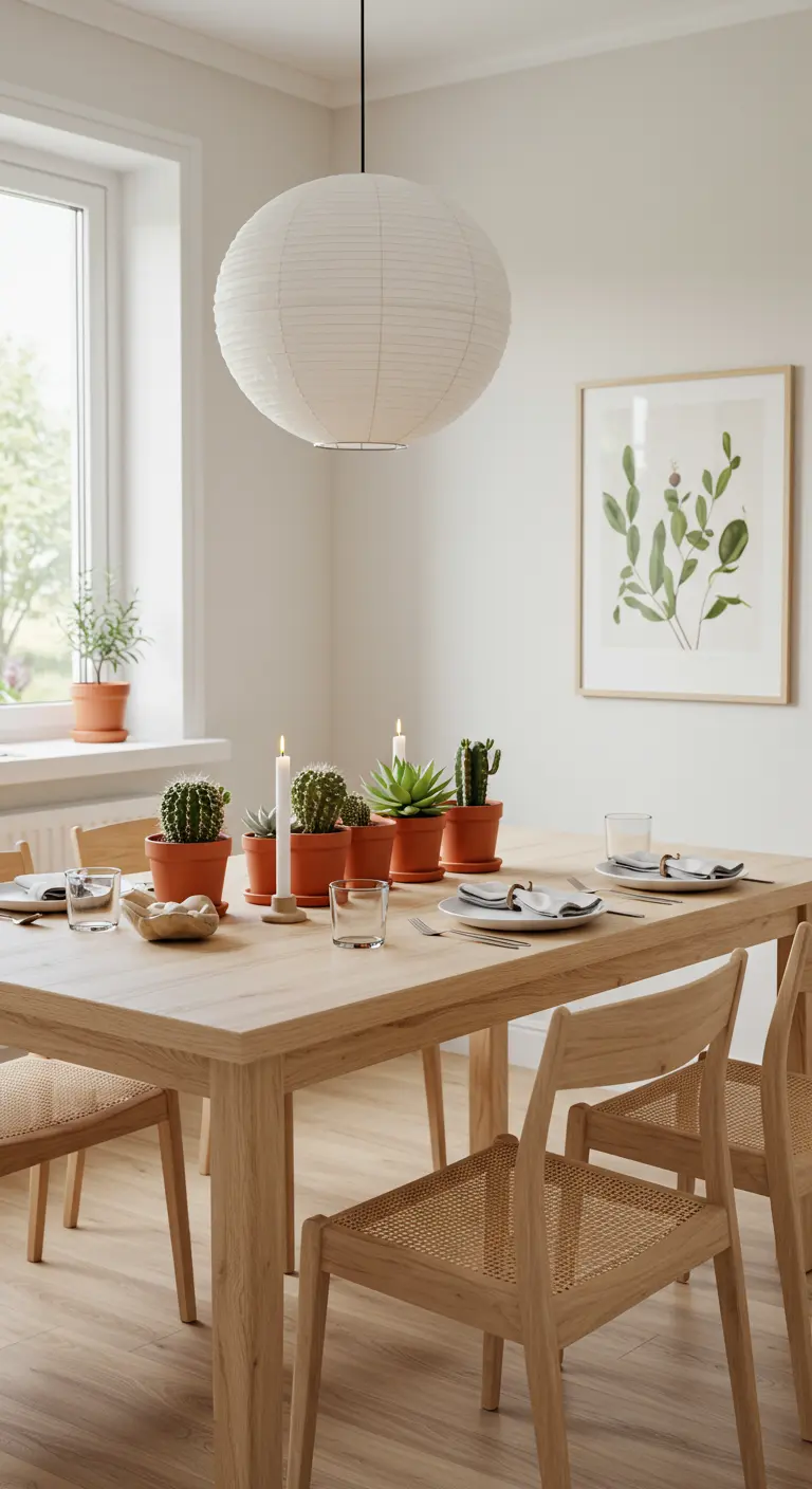 Table en bois de style scandinave avec des cactus en pot comme centre de table.