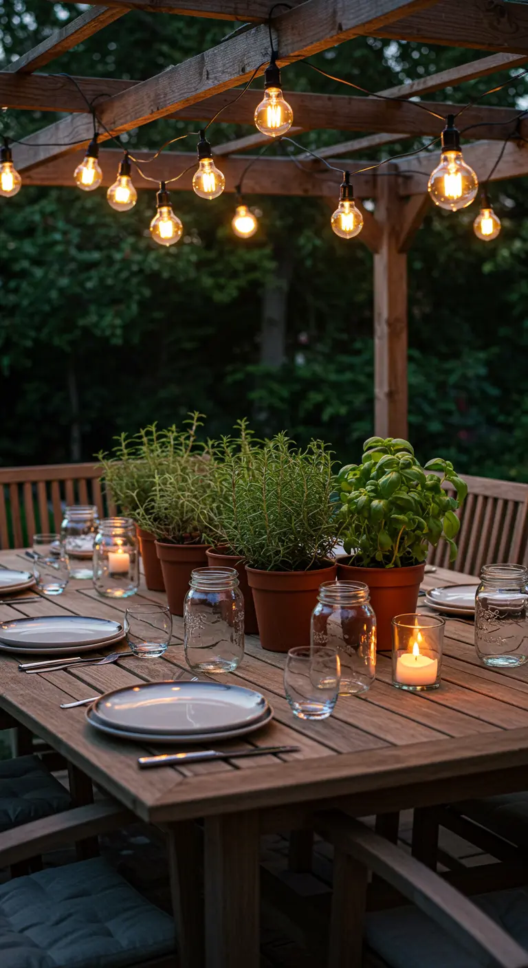 Table d'extérieur avec des herbes aromatiques en pot et des bocaux Mason.
