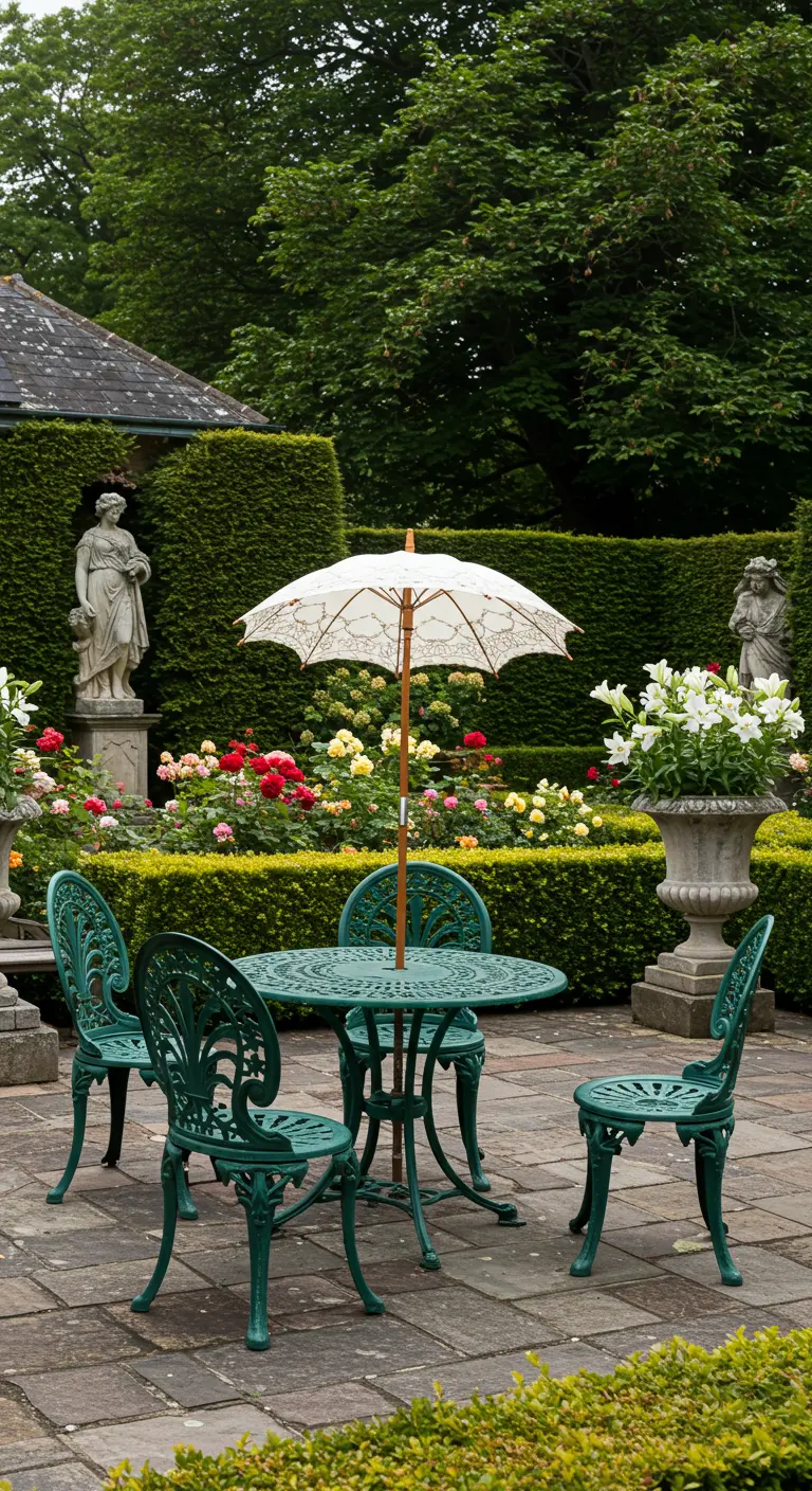 Bistro set vert en fer forgé dans un jardin classique avec rosiers, lys blancs en vase et parasol en dentelle.