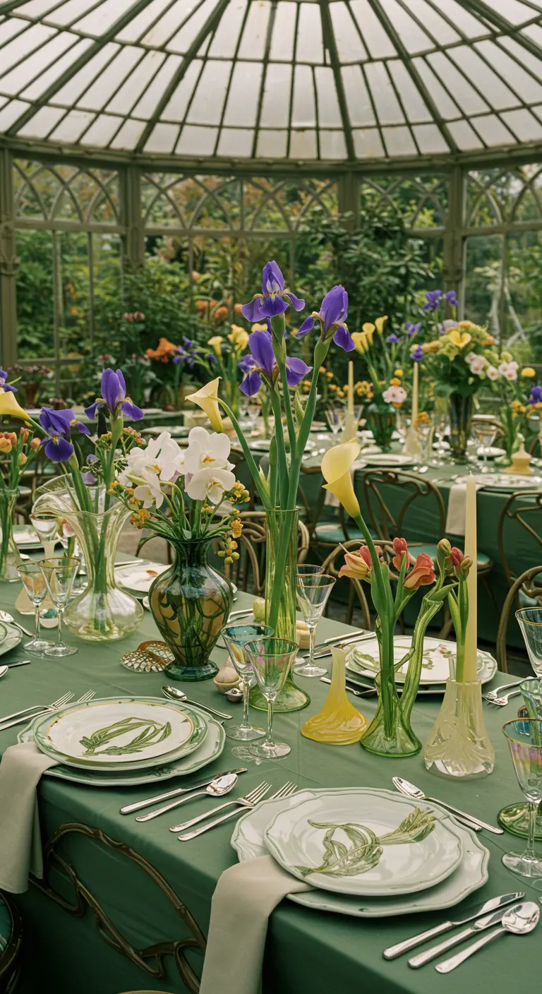 Table de mariage dans une serre avec une nappe verte et de nombreux vases de fleurs colorées.