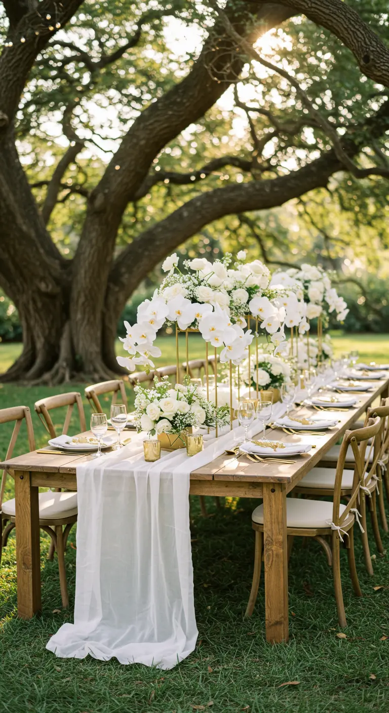 Longue table en bois dressée dans un jardin, avec des centres de table d'orchidées blanches.