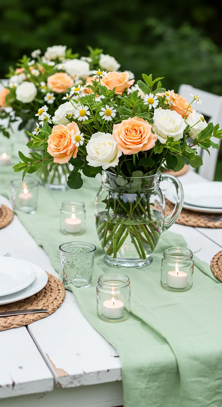 Table de jardin blanche avec un chemin de table vert, des bougies et un grand bouquet de roses.