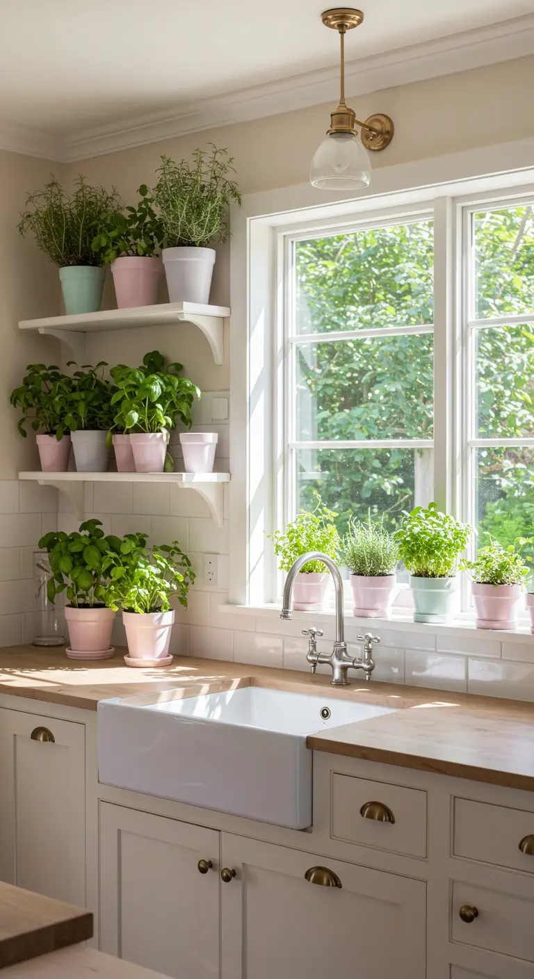 Pots de fleurs pastel avec des herbes fraîches sur des étagères de cuisine.
