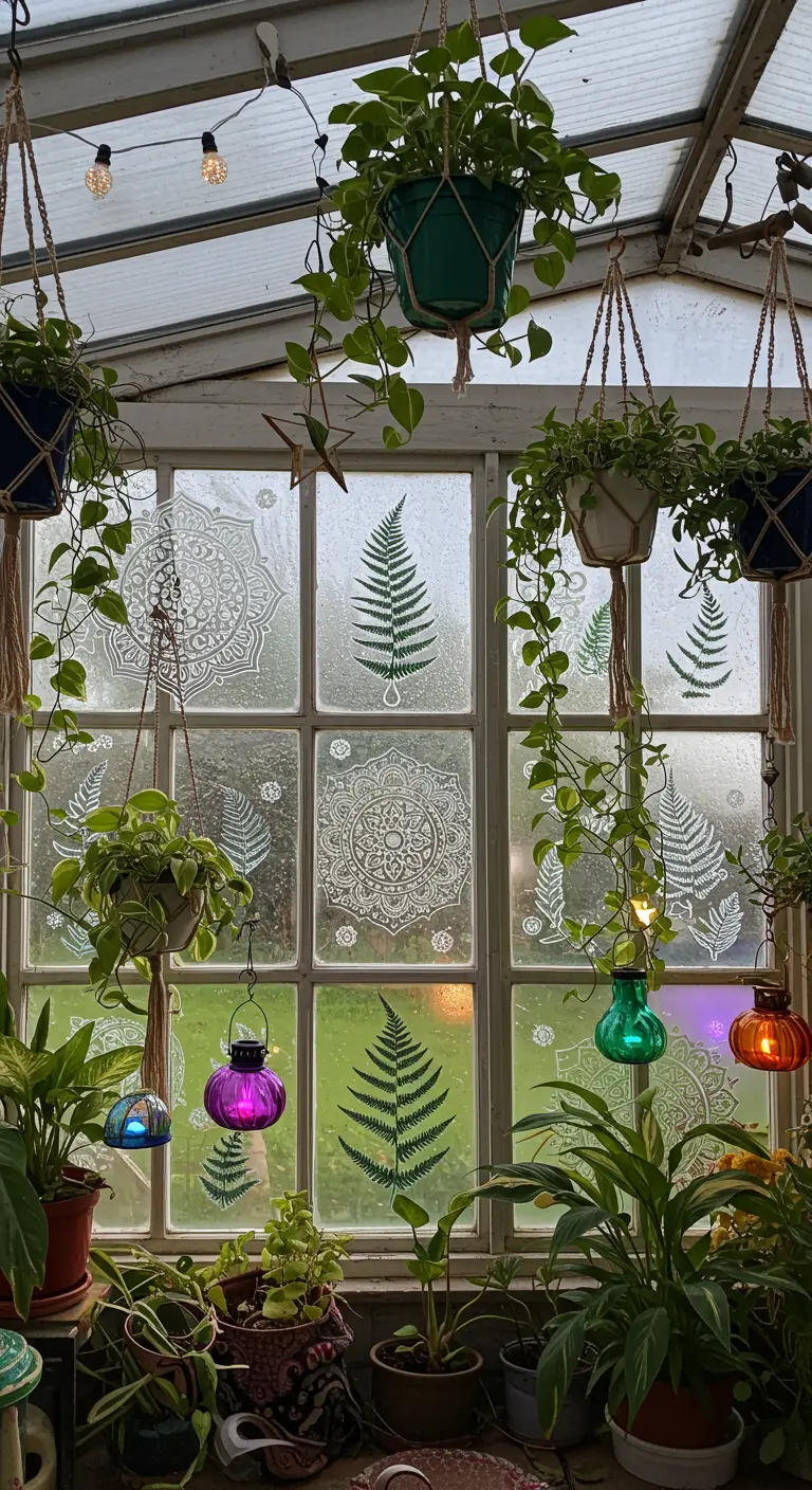 Fenêtre de serre avec stickers mandalas, plantes suspendues et photophores colorés.