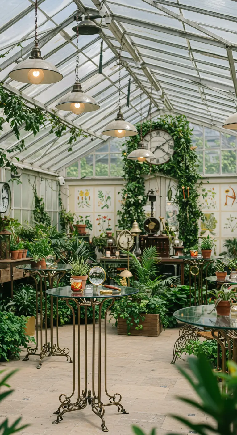 Jardin d'hiver ou serre Steampunk avec de nombreuses plantes, tables hautes et suspensions industrielles.