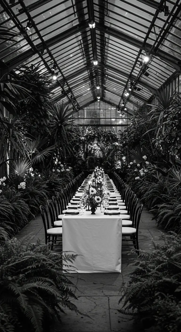 Longue table de dîner dressée dans une serre luxuriante, en noir et blanc.