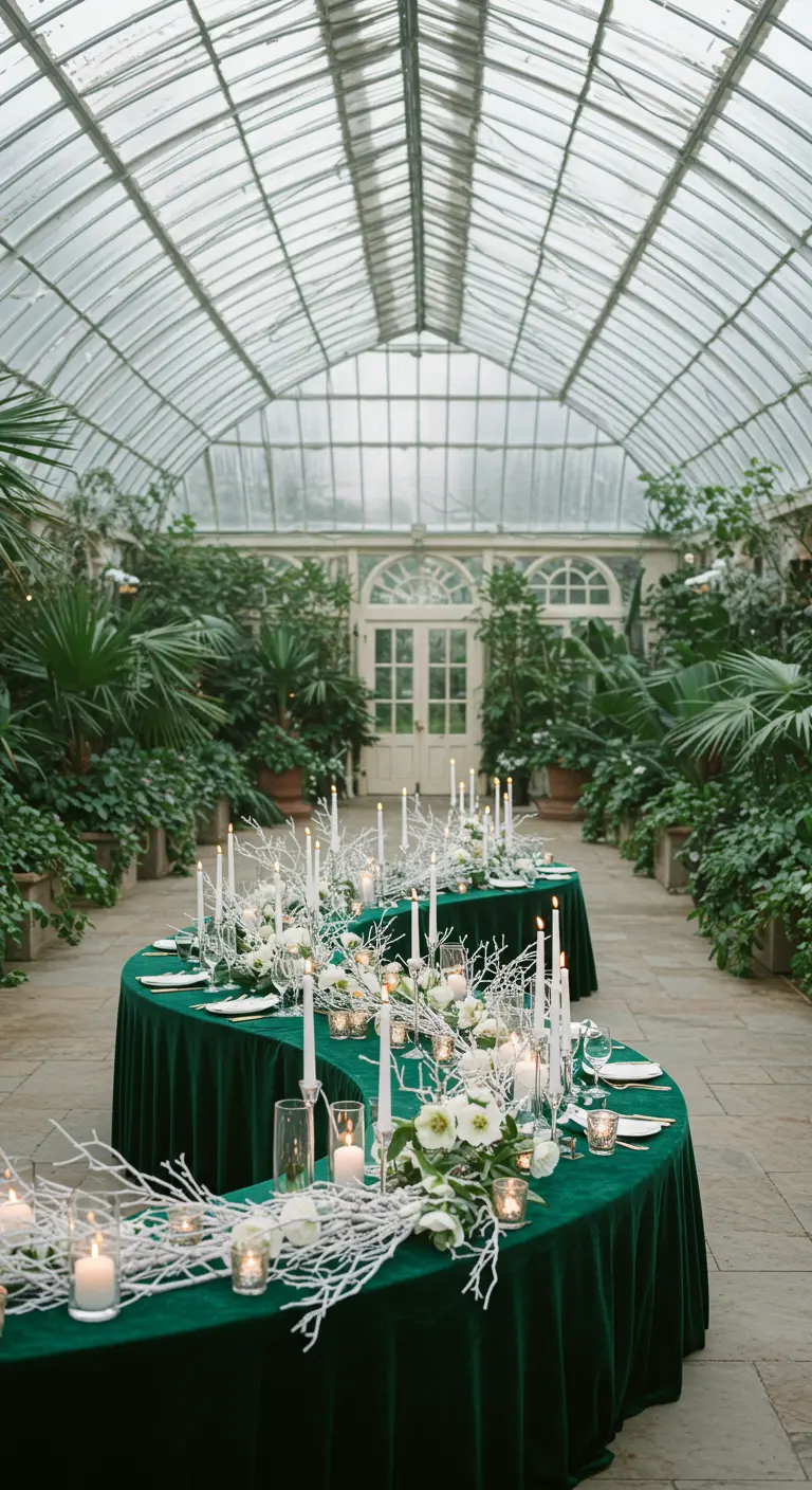 Tables de mariage sinueuses avec nappes en velours vert, branches blanches et bougies hautes.
