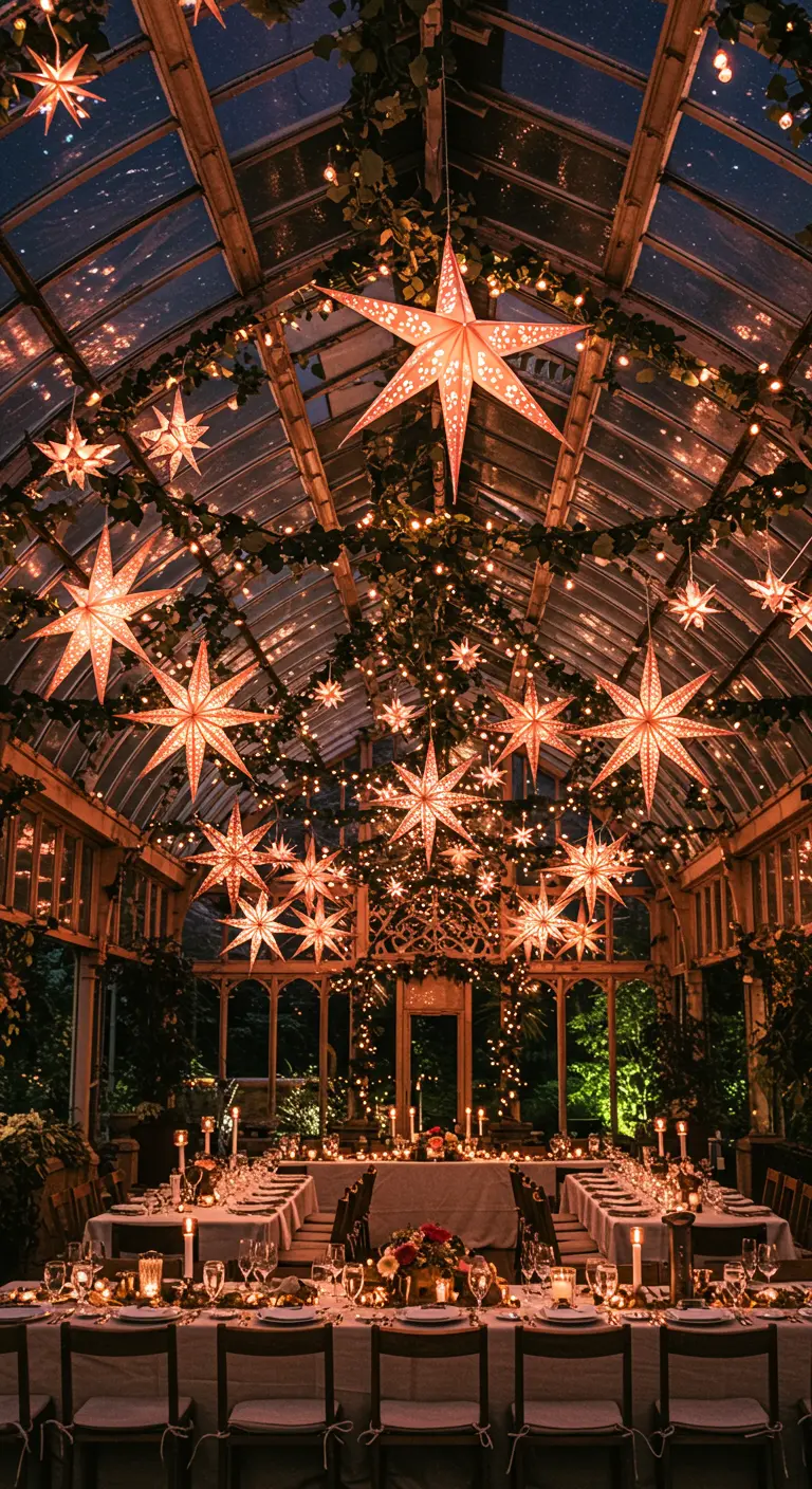 Étoiles en papier lumineuses suspendues dans une véranda verdoyante.
