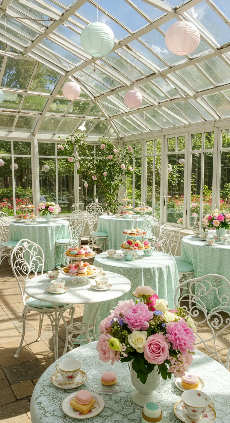 Serre lumineuse décorée de lampions pastel, tables mint et bouquets de pivoines roses.