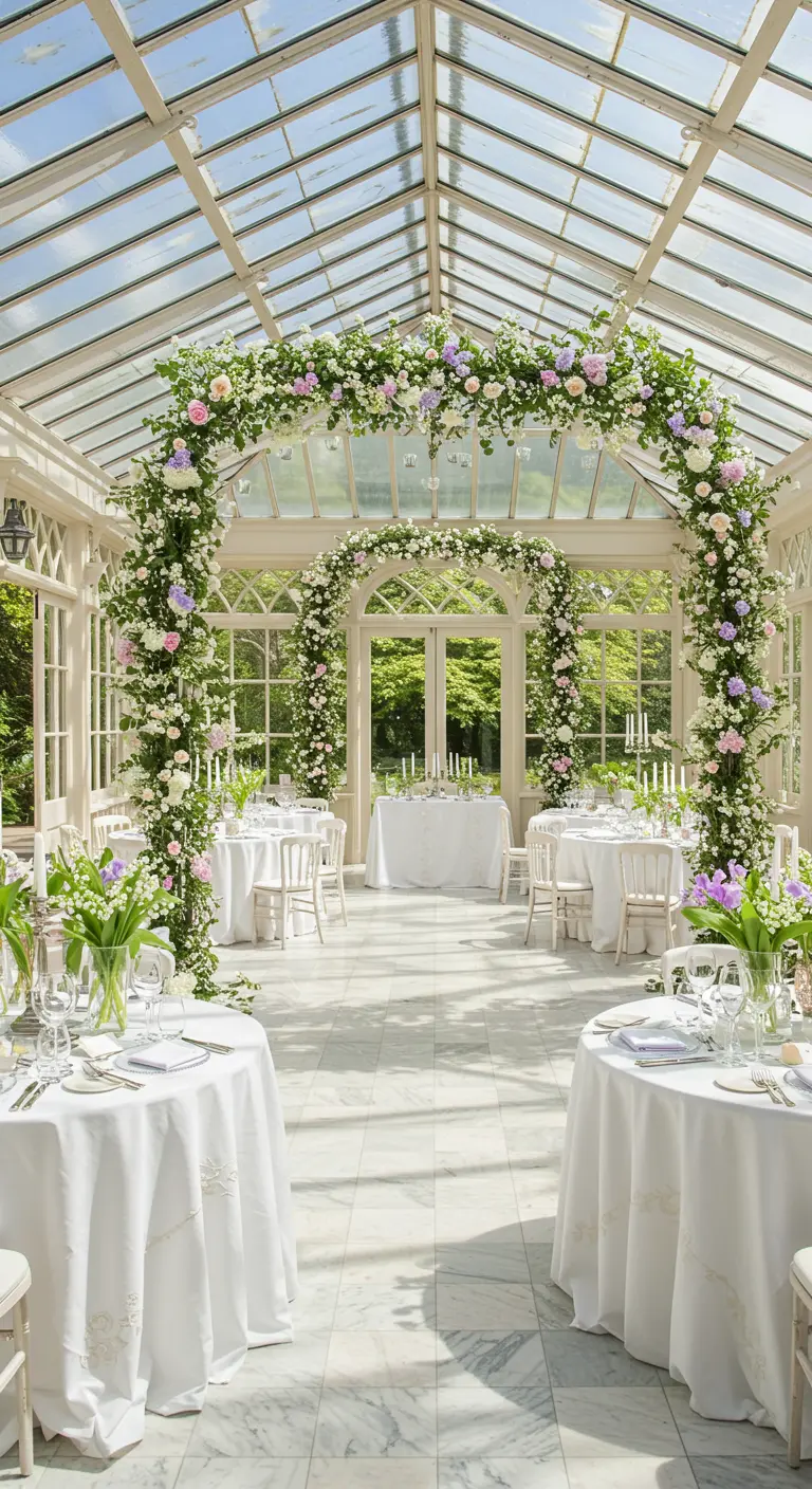 Serre lumineuse avec une grande arche florale verte et pastel, tables rondes blanches et vases fleuris.