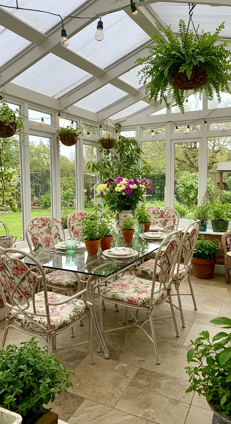 Table de salle à manger en verre dans une véranda avec chaises fleuries et grand bouquet.