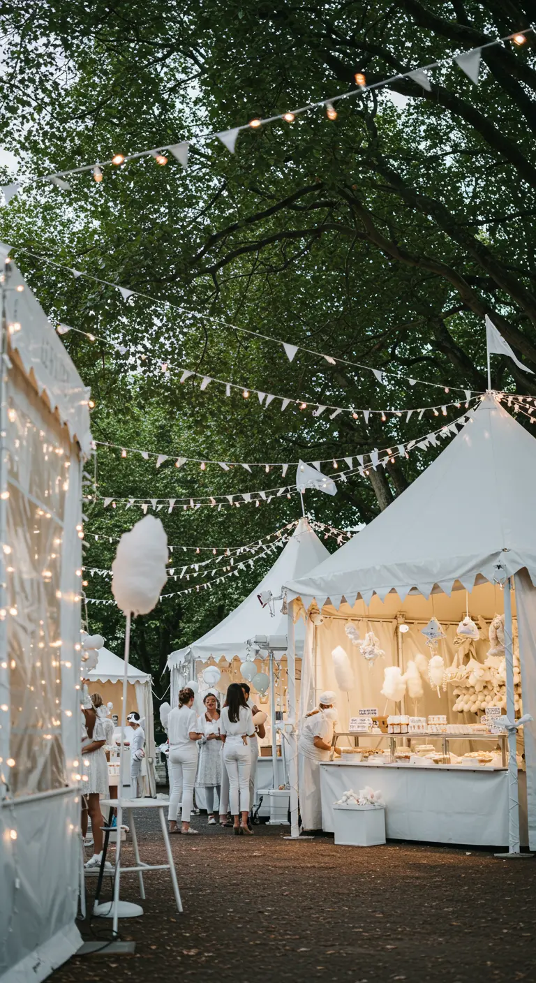 Salle de réception blanche décorée comme un jardin d'hiver avec voilages, guirlandes LED, bancs en fourrure et projections de flocons.