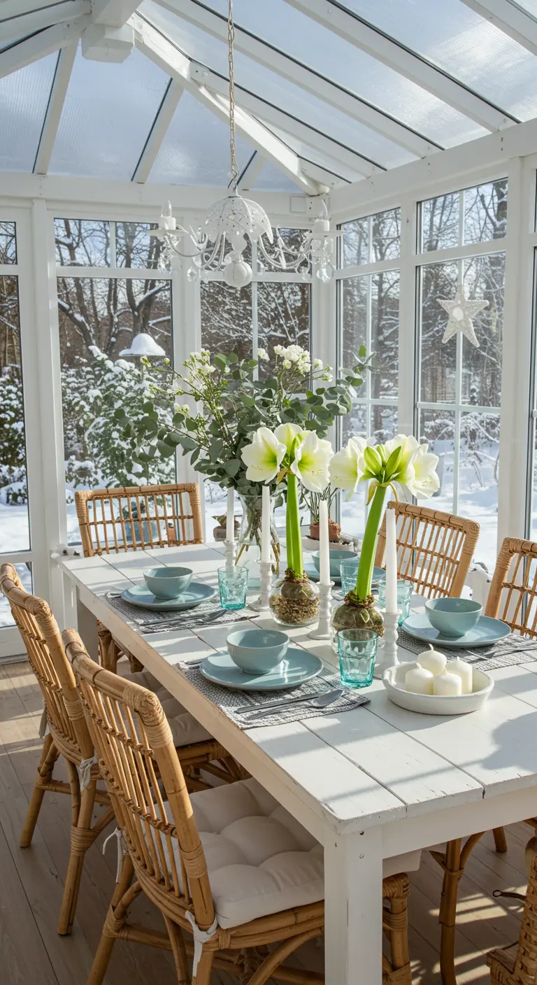 Table de Noël dans une véranda enneigée, avec chaises en rotin et fleurs blanches.