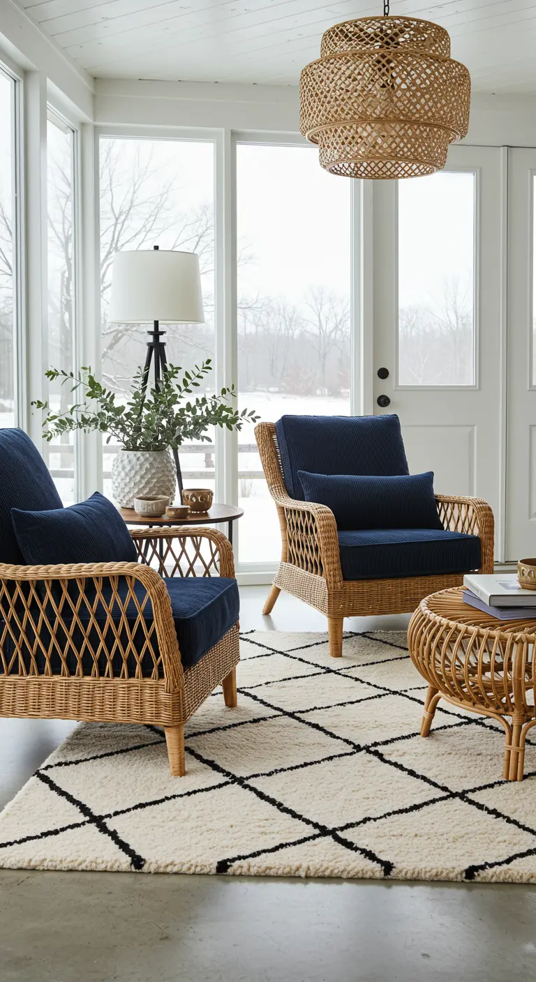 Coin salon dans une véranda avec fauteuils en rotin et coussins en velours côtelé bleu marine.