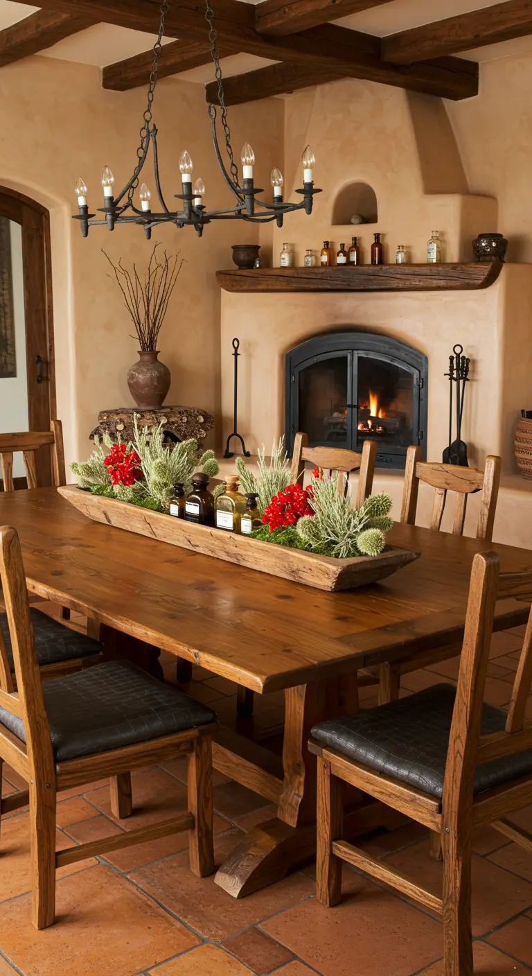 Centre de table dans un bac en bois avec des succulentes et des fleurs rouges.