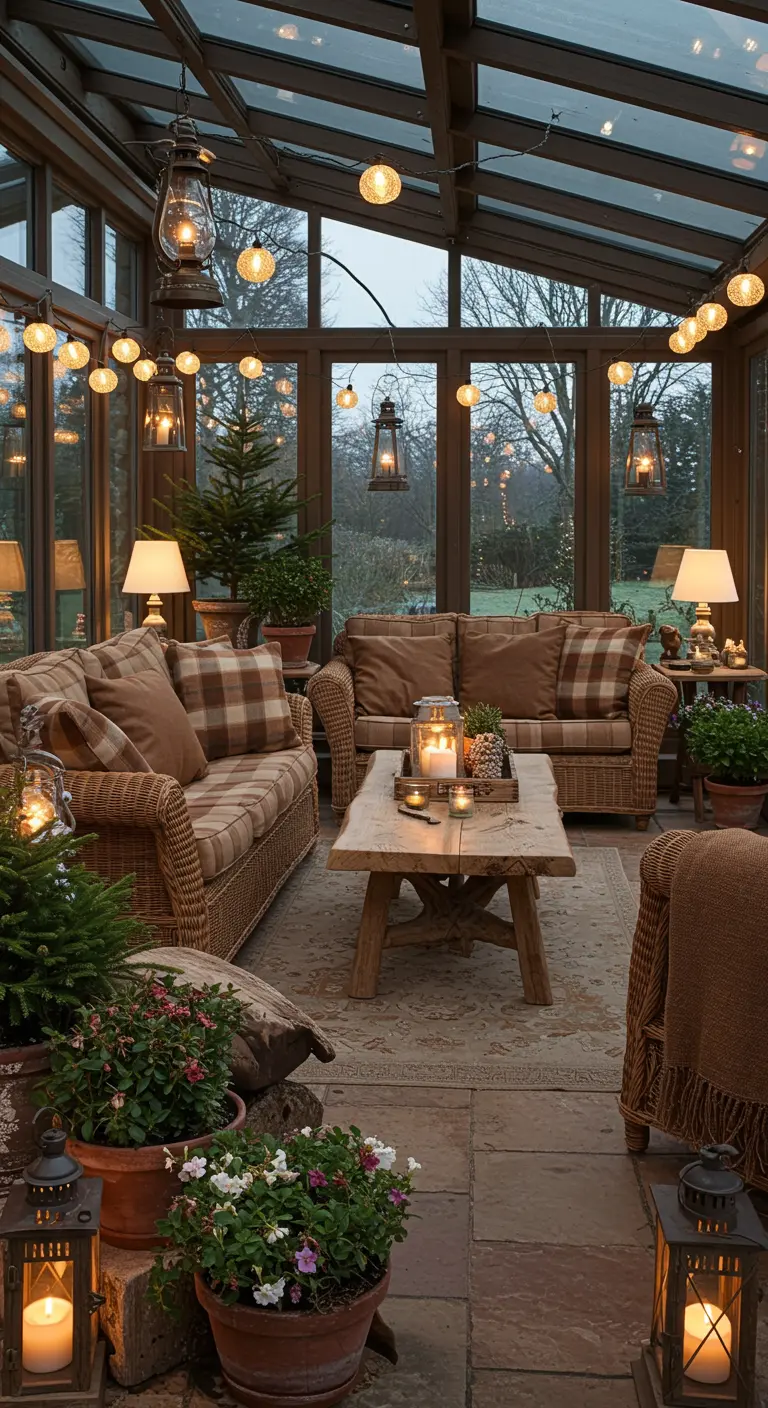 Véranda décorée de guirlandes lumineuses et de lanternes pour l'hiver.