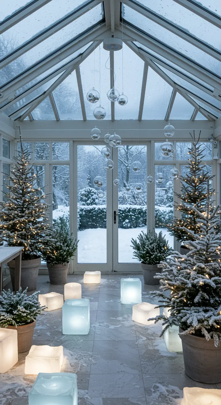 Véranda décorée avec des sapins, des boules de verre et des cubes lumineux.