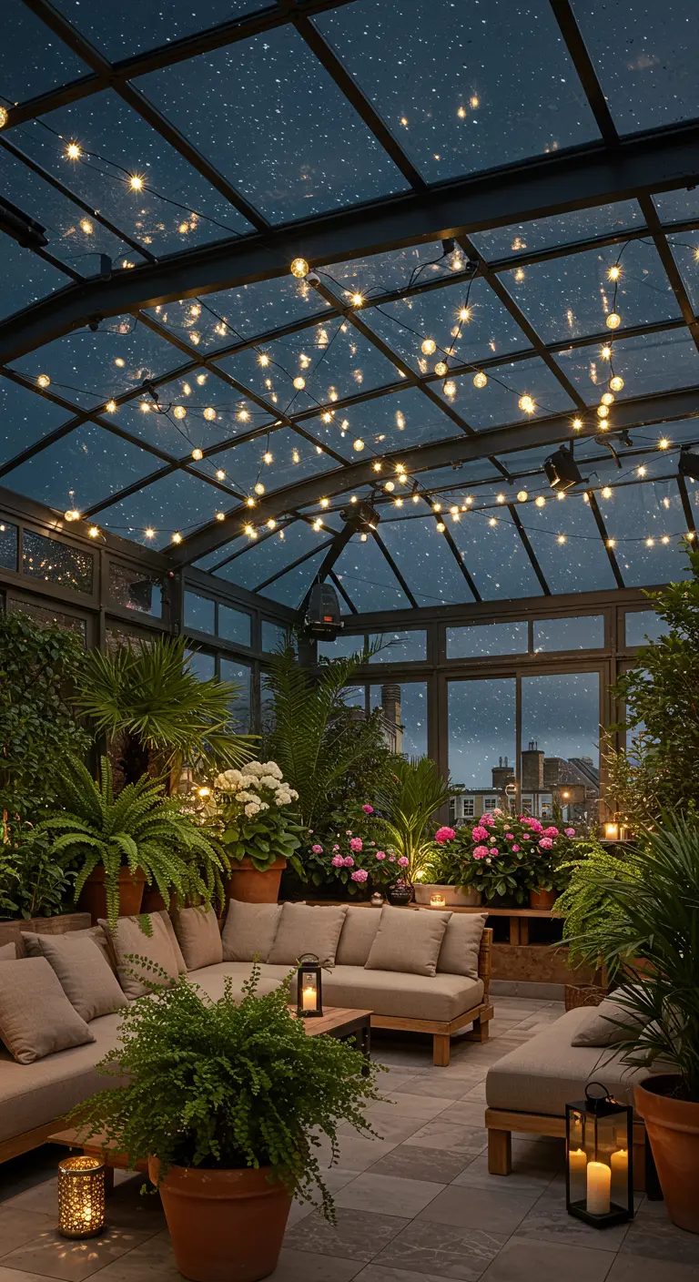 Jardin d'hiver ou véranda avec une multitude de petites lumières suspendues sous le toit de verre et des plantes luxuriantes.