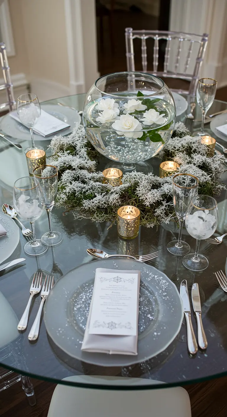 Centre de table avec bol d'eau, fleurs flottantes et couronne de mousse.