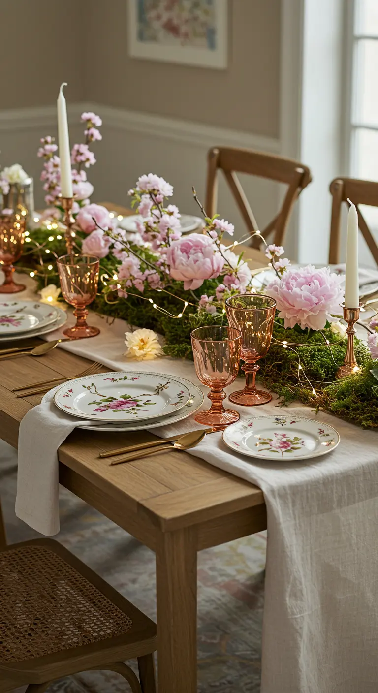 Table romantique avec un chemin de table en mousse, pivoines et guirlandes lumineuses