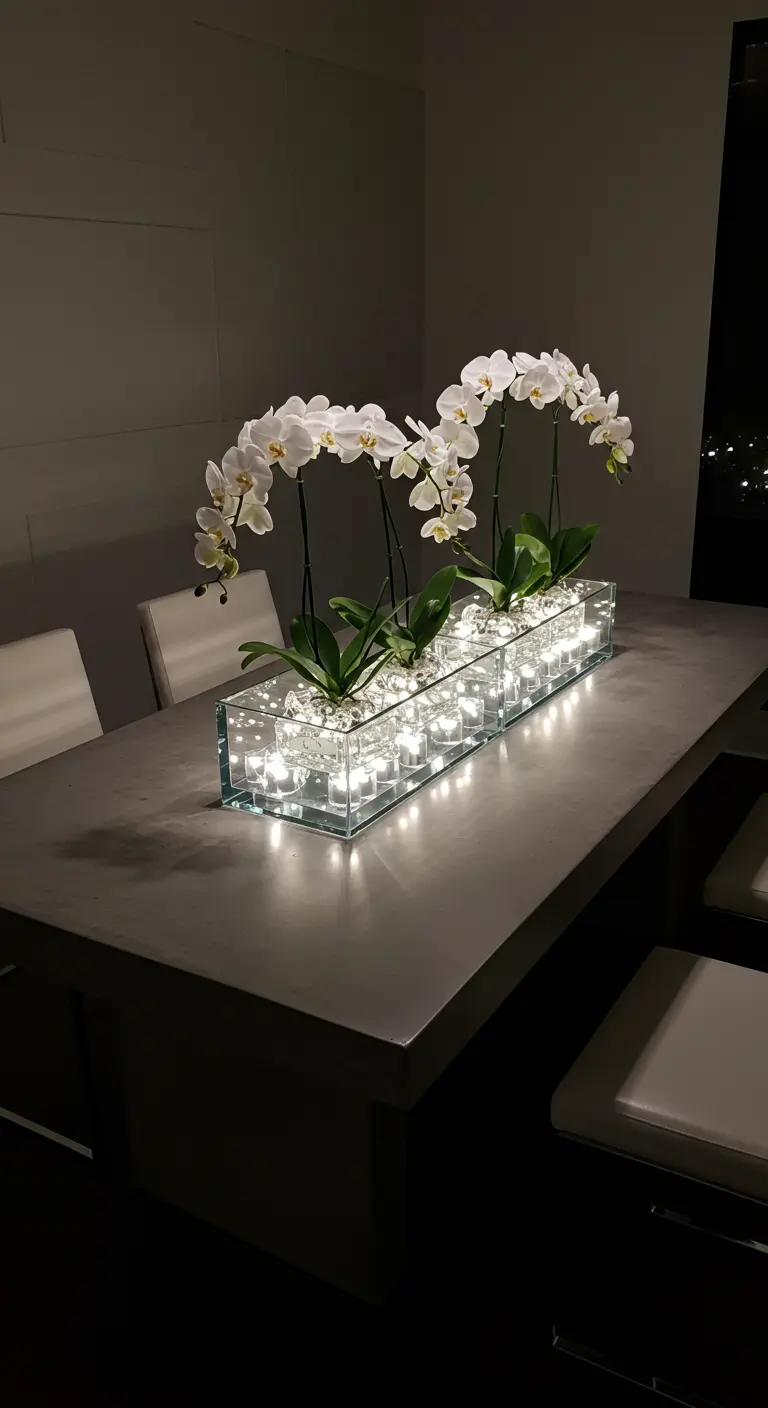 Long vase en verre avec orchidées blanches et guirlandes LED immergées.