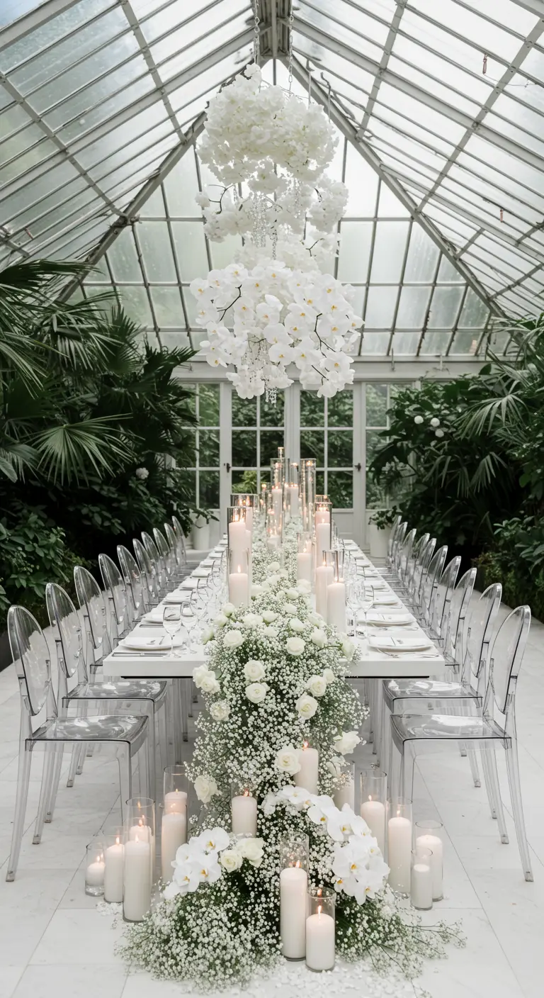 Longue table blanche dans une serre, décorée de fleurs blanches et de nombreuses bougies.