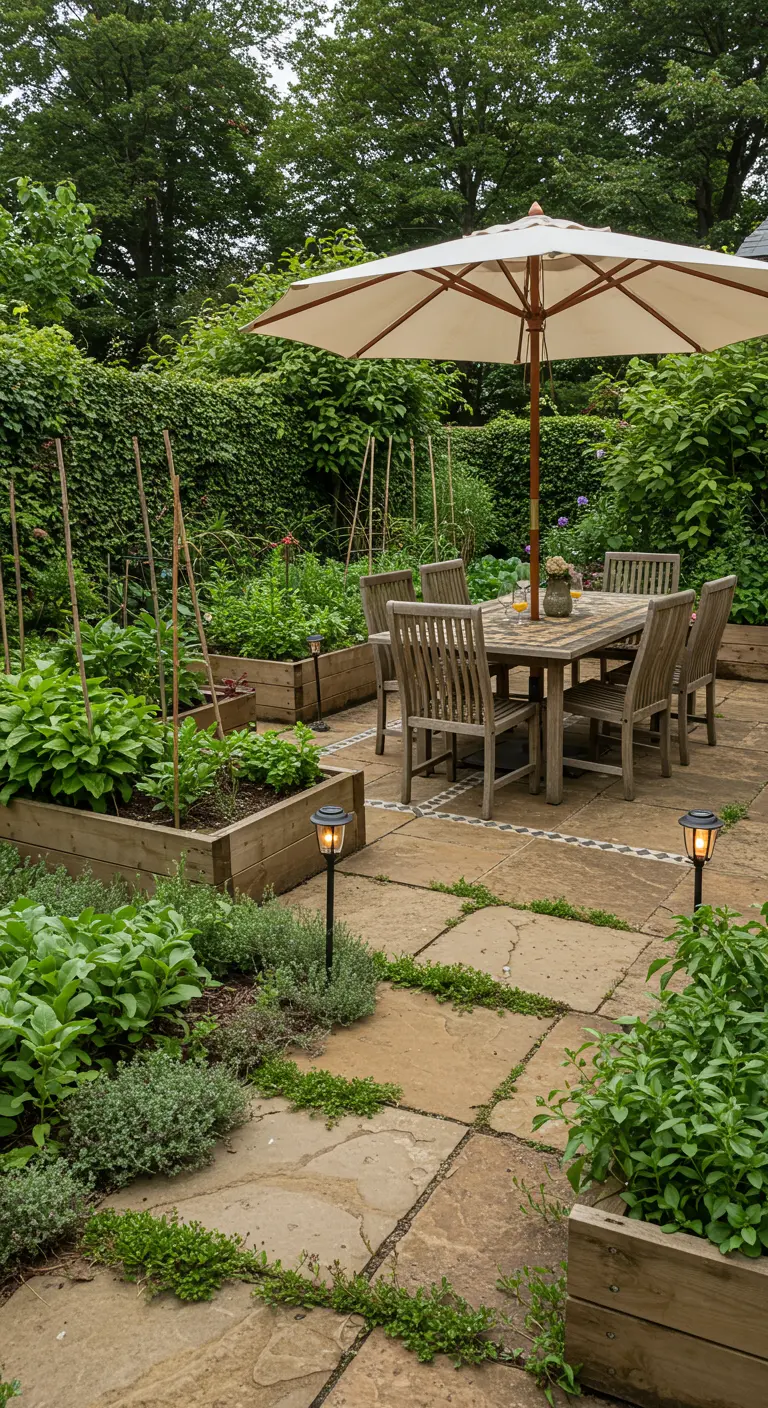 Patio de jardin avec carrés potagers surélevés, table en bois et parasol blanc.
