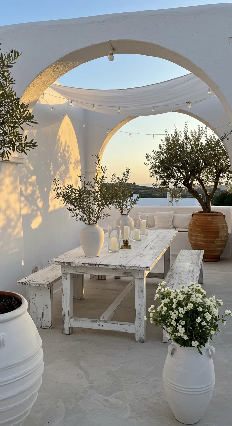 Terrasse blanche de style grec avec arches, table en bois blanchi, oliviers et bougies.